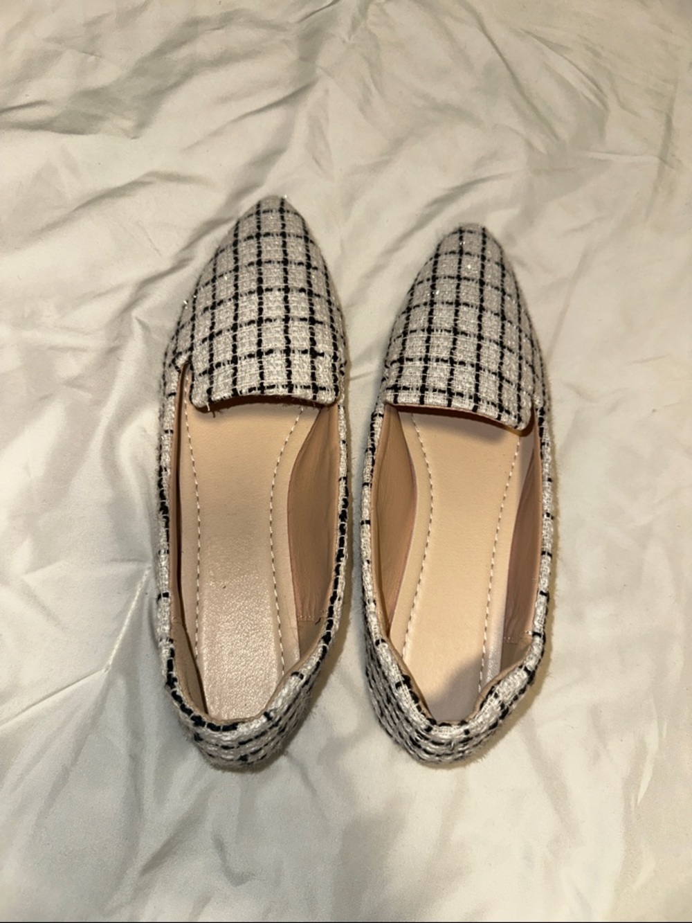 Pointed-Toe Plaid Women’s Loafers in Black & White